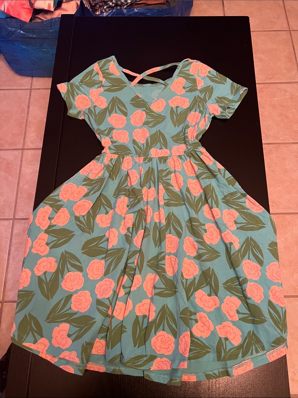 Tea Collection Teal Dress with Coral Floral Print and Green Leaves